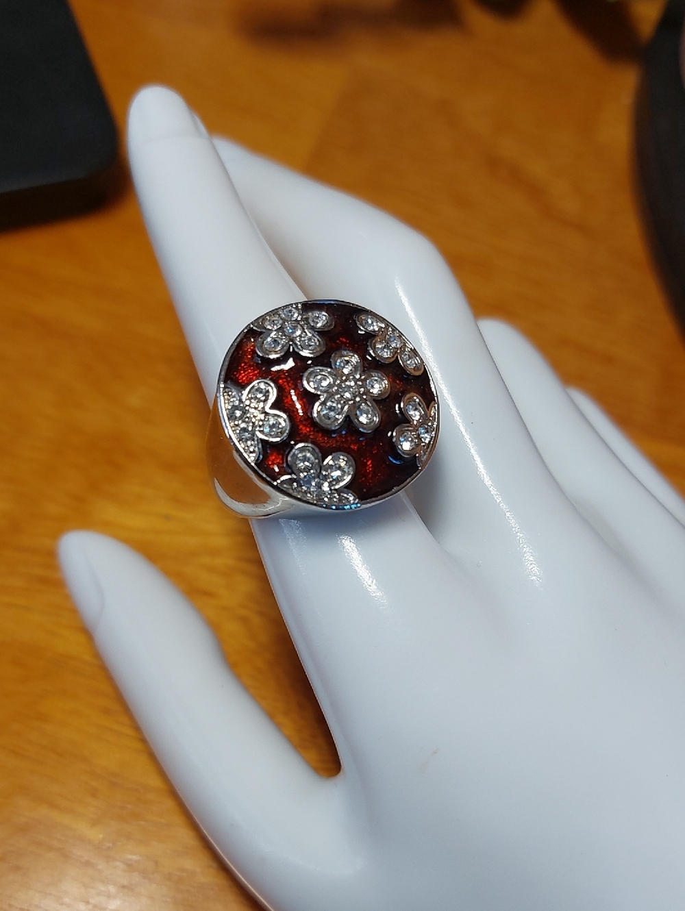 Chunky Red Enamel Flower Crystal Statement Ring Size 8
